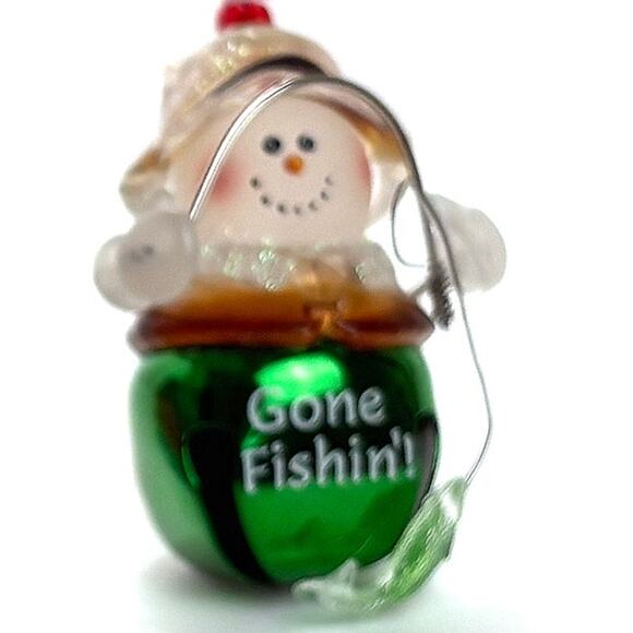 Gone Fishin' Christmas Jingle Bell Snowman Ornament Great Condition 2.25 In Tall - Picture 3 of 3
